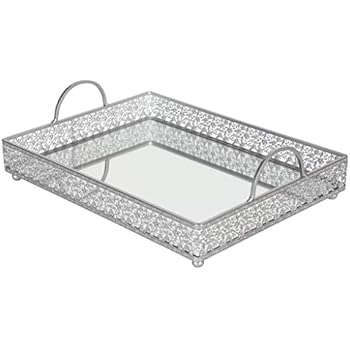 Giovanni Silver Mirror Top Serving Tray, Rectangular Metal Ornate Antique Accent Vanity Food Decorative Display Platter Dessert Cupcake Holder Food Snacks Wine Butler