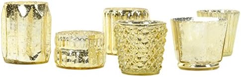 Gold Mixed Mercury Glass Candle Holder, 6-Pack, Boho Mismatched Votive Candle Holders for Table Centerpieces, Assorted Gold Votive Candle Holders Wedding Birthday Baby Shower Decor
