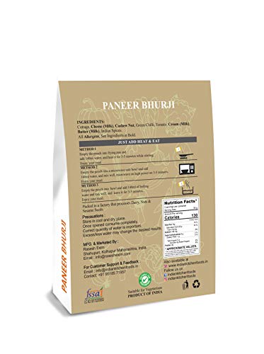 Mashed Cottage Cheese and Vegtable (Paneer Bhurji) Freeze Dried Gourmet Indian Entree Ready-to-Eat Vegetarian Meal for Indian Kitchen Foods - Each Rehydrated Wt. 7.50 oz