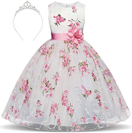 Party Dress Embroidered Butterflies Flower Printing 3D Roses Dress with Accessories Crown Age of 3-8 Years