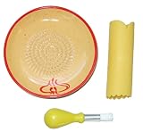 Cooks Innovations Ceramic Grater Plate Set - Yellow with Red - 3 piece set includes ceramic grater, silicone garlic peeler and kitchen gathering brush.