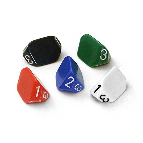 The Dice Lab Set of 5 Unique 3-Sided (d3) Dice in Red, Blue, Green, Black, White