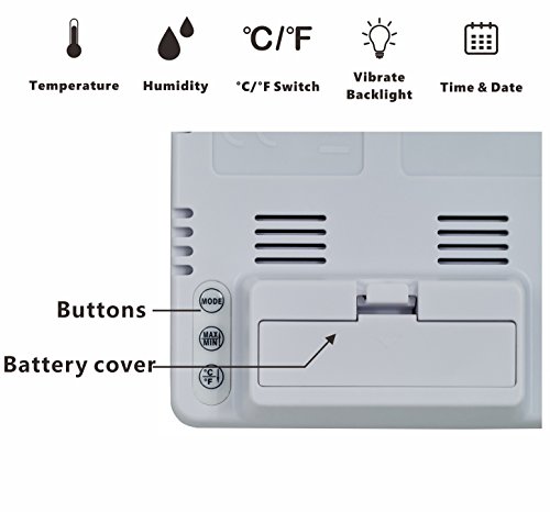 BuySevenSide LCD Display Digital Indoor Thermometer and Humidity Monitor with Vibrate Backlight,Time and Alarm, Black and White (White)