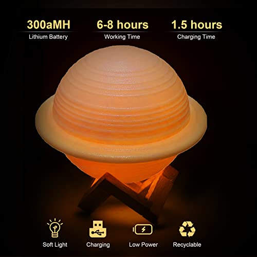 Kids Lamp with 6.5 inches,Saturn Planets Lamp for Kids,3D LED Night Light for Kids,16 Colors Lamps,Touch lamp & Remote Control Lamp Kids,USB Rechargeable,Planet Models for Kids