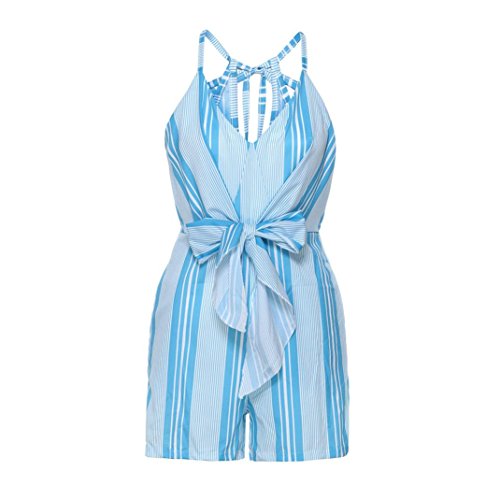 vermers Women Summer Jumpsuits and Rompers Striped Strappy Lace-up Shorts Bandages Playsuits Bodysuit(M, Blue)