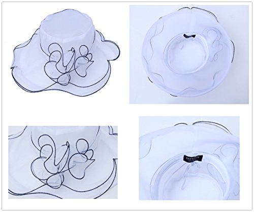 Saferin Women's Wide Brim Solid Organza Church Kentucky Dress Derby Hat White with Black Line