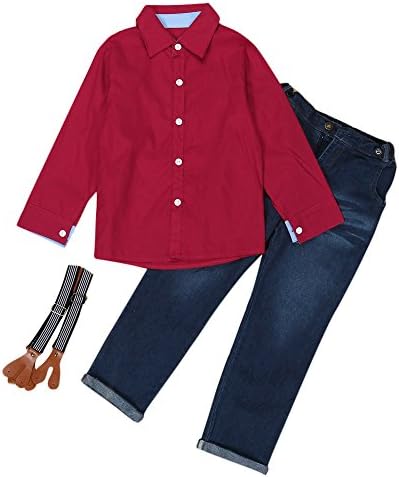 Weilov 2-7years 1Set Kids Toddler Boys Handsome Red Shirt+Braces Trousers Clothes Outfits for Birthdays