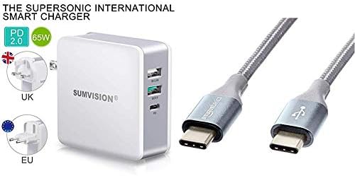 Sumvision 65W PD USB Type C Power Delivery Multi Port Wall Charger for Apple Macbook Pro 13”, Laptops & AmazonBasics Double Braided Nylon USB Type-C to Type-C 2.0 Cable | 1.8 m, Dark Grey