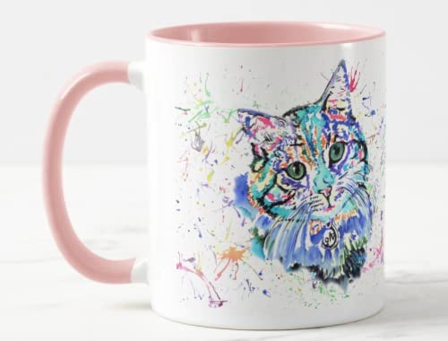 Vixar Cat Blue Feline Pet Watercolour Rainbow Art Coloured Mug Cup Gift Birthday Work Office Christmas Tea Coffee (Pink)
