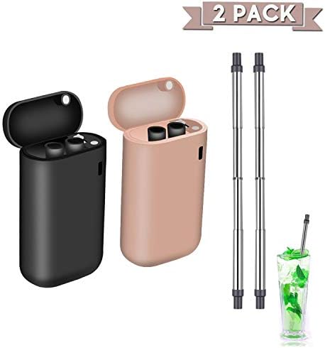 2 Pack Reusable Straws,Telescopic Metal Travel Straws Stainless Steel Portable Drinking Straw with Hard Case Holder and Cleaning Brush For Party, Travel, Household, Outdoor (Black/Pink)