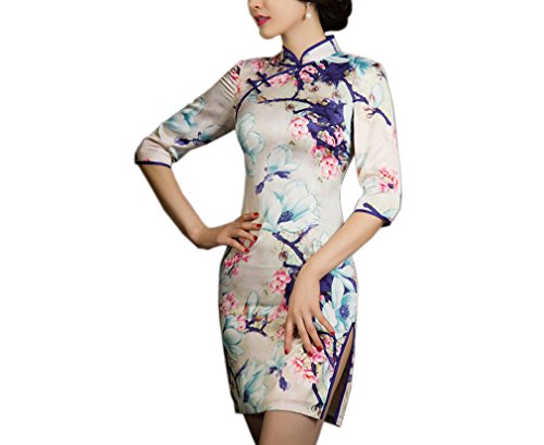 XueXian(TM) Women's Floral Printing 3/4 Sleeve Chinese Cheongsam Qipao Dress Short