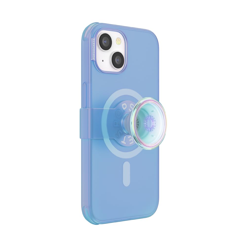 PopSockets iPhone 14 Case with Phone Grip and Slide Compatible with MagSafe, Phone Case for iPhone 14, Wireless Charging Compatible - Blue Opalescent