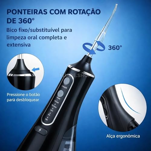 Irrigador Oral & Bucal Portátil Recarregável -Tanque 300ml - Limpeza Profunda com 4 Níveis de Pressão, 4 Ponteiras, À Prova d’Água - Jato Dental Ideal para Aparelhos Ortodônticos, Implantes e Gengivas (Preto)