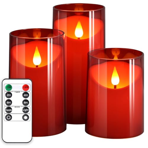 NURADA Flameless Candles with Remote Timer: 3D Wick Battery Operated Led Pillar Fake Candle Set for Wedding Birthday Valentine's Day Christmas Decorations - Red 3 Pack