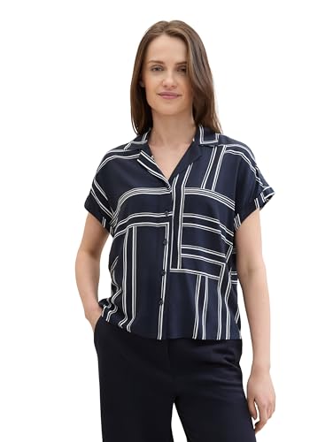 TOM TAILOR Damen Basic Resort-Bluse mit Muster, navy geometric design, 32