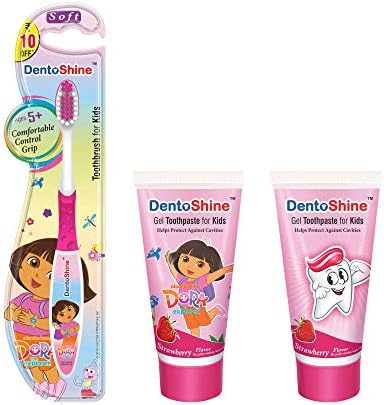 DentoShine Oral Care Combo Ages 5+ (CC Grip Toothbrush for Kids + Flavored Toothpaste 80 g x 2) (Strawberry)