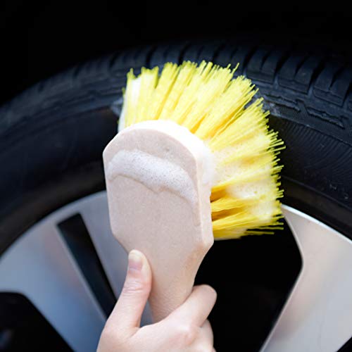 CARCAREZ Yellow Hard Stiffy Car Wheel Cleaning Brush with Short Handle for Auto Vehicle Truck Motorcycle Tire Washing Scrubbing