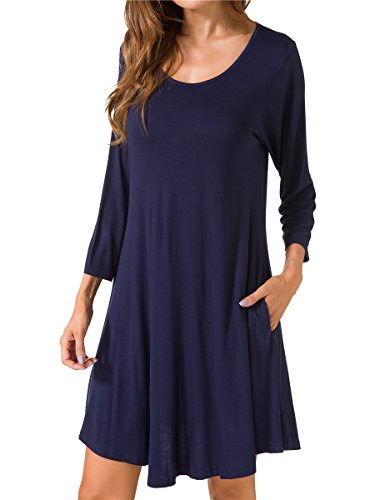 JollieLovin Women's Casual Swing 3/4 Sleeve Pockets T-Shirt Loose Dress (Navy Blue, S)