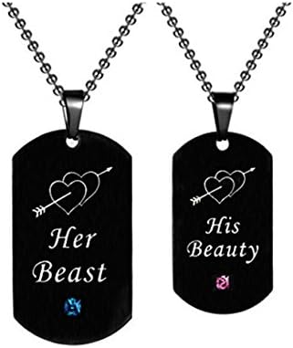 His Queen &amp; Her King Couple Pendant Necklace Stainless Steel Crown Matching Set (D: Her Beast + His Beauty)