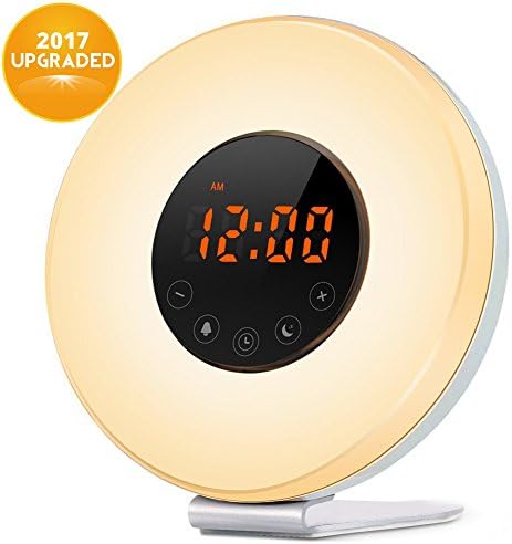 Hhusali Sunrise Alarm Clock Wake Up Light with 7 Changing Colors Night Light , 6 Nature Sounds, FM Radio, Touch Control, Snooze Function, Sunset Simulator and USB Charger