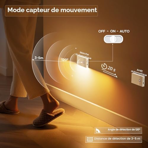 Swoieltr Motion Sensor Night Light, Set of 4 Rechargeable LED Night Lights with 3 Modes (AUTO/OFF/ON), 2700K Indoor Motion Detector Lamp for Stairs, Corridors, Wardrobes, Bedrooms