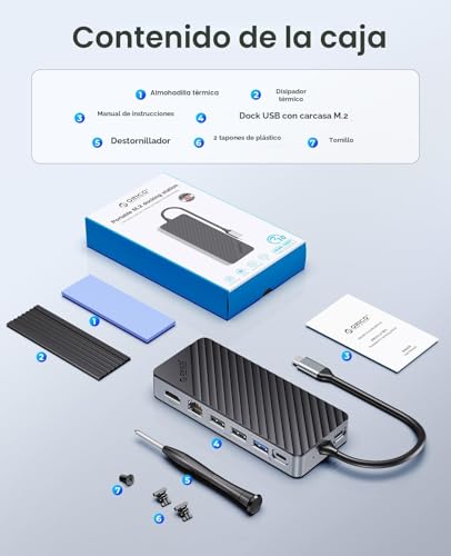 ORICO 8 in 1 USB C Docking Station with M.2 SSD Enclosure, USB C Hub for M.2 NVMe/SATA SSD, 10Gbps, 4K@60Hz HDMI, 100W PD, Ethernet, Cable Length 15cm - OM28PR
