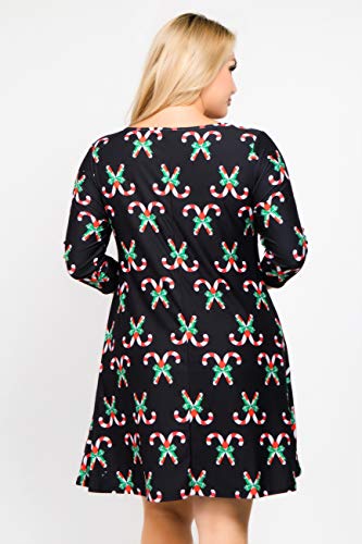 ICONOFLASH Plus Size Christmas Dresses with Pockets for Women 3/4 Sleeves Swing Holiday Party Dress Up Color Candy Cane Pattern, Size 3XLarge - Thumbnail 6