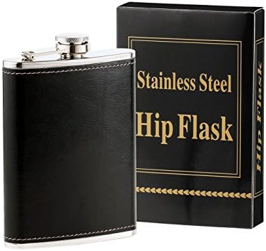 Heesung Stainless Steel Hip Flask Wrapped Black Leather , Whiskey Hip Flask And Liquor Flask 8 OZ ,Metal Vintage Flask Attached Screw on Cap .