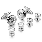 INBLUE Men's Rhodium Plated Cufflinks CZ Silver Tone Stud Set Tuxedo