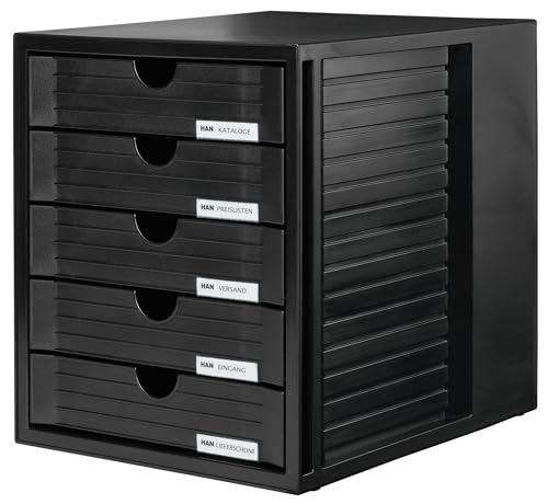 HAN Schubladenbox SYSTEMBOX mit 5 geschlossenen Schubladen für Unterlagen bis DIN C4, Schreibtisch oder im Schrank, inkl. Auszugsperre + Beschriftungs