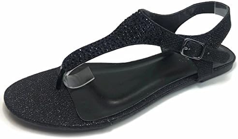 Womens Elastic Strappy T-Strap Thong Ankle Strap Summer Gladiator Rhinestone Sandals, Dove Black, 7.5