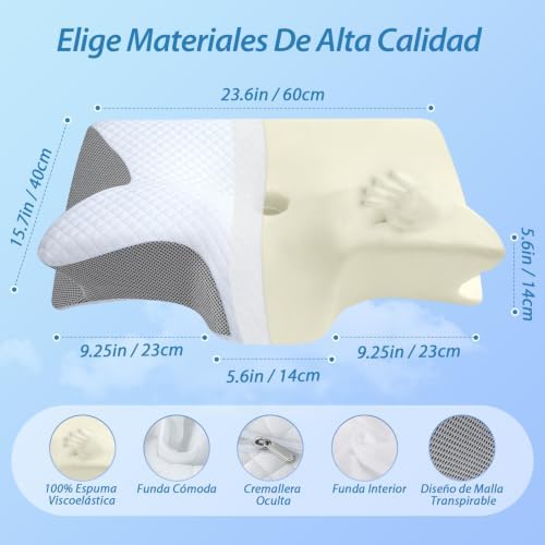 Almohada Cervical 2 en 1 Espuma de Memoria, Gris, 60x40x12/14cm