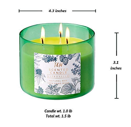 T&H Citronella Candles Outdoor Indoor Large Pure Soy Wax 3-Wick Scent Candle 80 Hour Burn 16 Ounces Highly Scented Long Lasting
