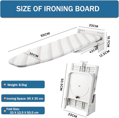Tcatec Wall Mounted Ironing Board Folding Pull Out Ironing Table 180° Rotating Ironing Table with Heat Resistant Cover for Space Saving Home Laundry Room Drawer Wardrobe, 95 x 30 x 18cm