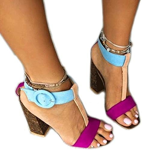 Women's Summer T-Shaped Wood-Tone Buckle Block Suede Open Toe Heel Pump Sandals