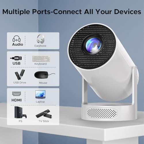 Mini Projector, Short Throw Projector Support 4K WiFi 6 Android TV 11.0, Portable Bluetooth Projectors with Auto Keystone, 220° Rotation, Built-in Speaker for Bedroom Home Theater Outdoor Movies