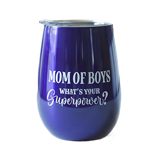 Mom of Boys - 10 oz Stainless Steel Stemless Wine Glass with Lid (Metallic Blue) Wine Tumbler Sippy Cup for Adults - Great Gift for Mom of Boys