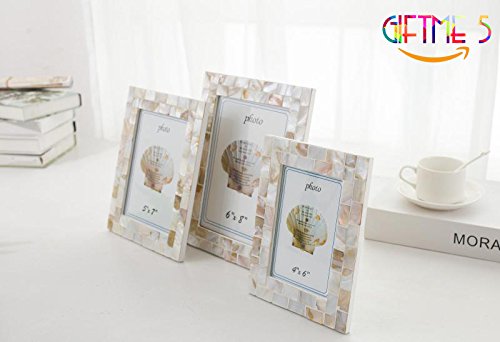 GIFTME 5 Mother of Pearl Pictures Frames,Coastal Wall Mount or Tabletop Desk Family Photo Frames 6 by 8 inch(Natural White)