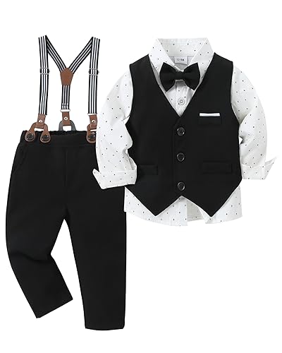 ZOEREA Toddler Boy Suit Formal Wedding Outfits Gentleman Clothes Long Sleeve Shirt + Suspender Pants + Bowtie Black 12-18 Months at Amazon