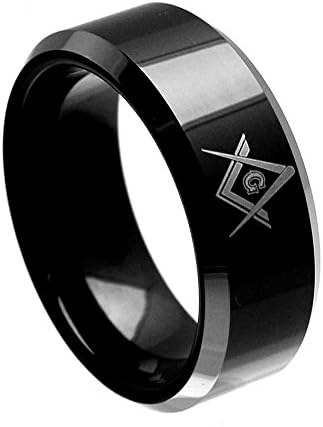 iPauly 8mm Tungsten Carbide Black Enamel With Masonic Symbol Wedding Band Ring