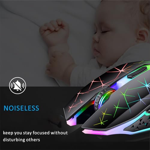 Uiosmuph V7 Wireless Mouse, 2.4G Silent Rechargeable Mouse Portable Mouse Ergonomic 2400DPI Gaming Mouse with Receiver, 6 Buttons for Laptop, PC, Computer, Chromebook, Notebook - Black