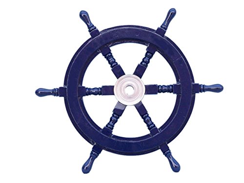 Hampton Nautical Deluxe Class Dark Blue Wood and Chrome Decorative Ship Steering Wheel 18" - ation