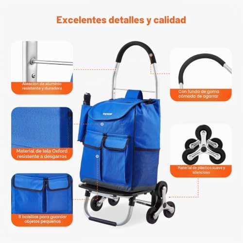 Carro de Compra Plegable 36 L Carro para Subir Escaleras con 6 Ruedas 445x375x990 mm Bolsa de Almacenamiento de Tela Oxford para Compras, Oficina, Mudanzas, Transporte, Exteriores, Lavandería