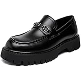 XENTORD Men's Patent Leather Platform Loafers Comfort Non-Slip Lug Sole Slip-On Dress Shoes with Metal Horsebit Detail for Business Office & Casual