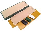 Kit of 2 Leather Honing Strop 3 Inch by 10 Inch with 3 One Oz. Black, Green & White Sharpening Polishing Compounds (One of Each) & Double-Sided Adhesive Tapes by Upon Leather