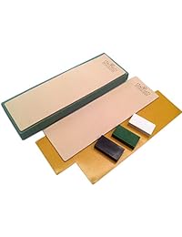 Kit de 2 cueros de cuero, 3.0 x 10.0 in, con 3 onzas Compuestos de pulido de afilado negro, verde y blanco (uno de cada uno) y cintas adhesivas de doble cara de piel