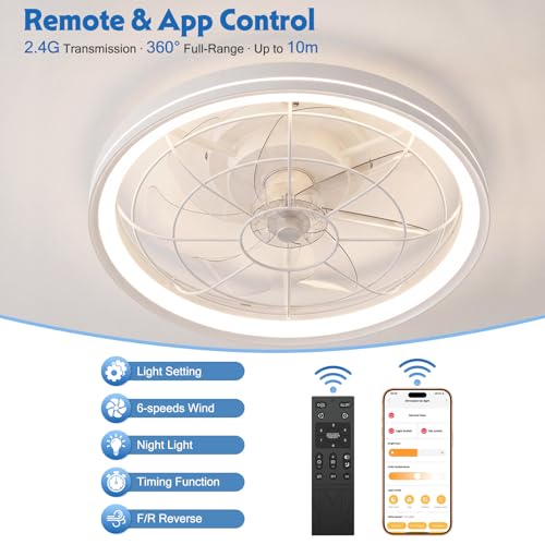 Ceiling Fan with Lighting, Dimmable Ceiling Light with Fan Quiet, Diameter 48 cm, 6 Levels, 3000-6500 K, Remote Control & App, Timer, Ceiling Fan Light for Bedroom, Living Room (White)