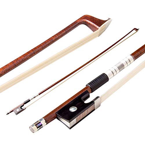 Violin Bow, Mugig Handmade Violin Bow, White 3A Grade Hair of Mongolian Horse, Silver plating Lizard Skin Handle, Polished Abalone and Ebony Frog (4/4, Wooden)