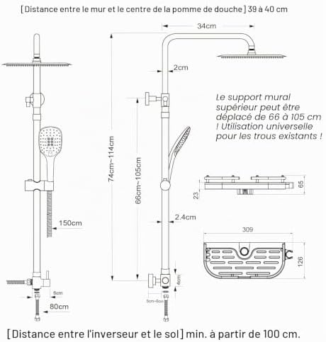 Colonne de douche en acier inoxydable sans mitigeur robinet, Ensemble de douche pluie avec barre de douche réglable en hauteur, pommeau 20 cm et étagère de douche noir