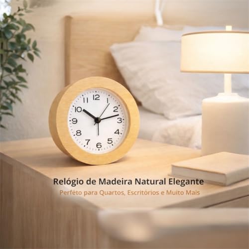 Relógio de Mesa Analógico de Madeira Redondo Decorativo Silencioso 11cm Design Decorativo Sem Tique-Taque Com Led Escritório